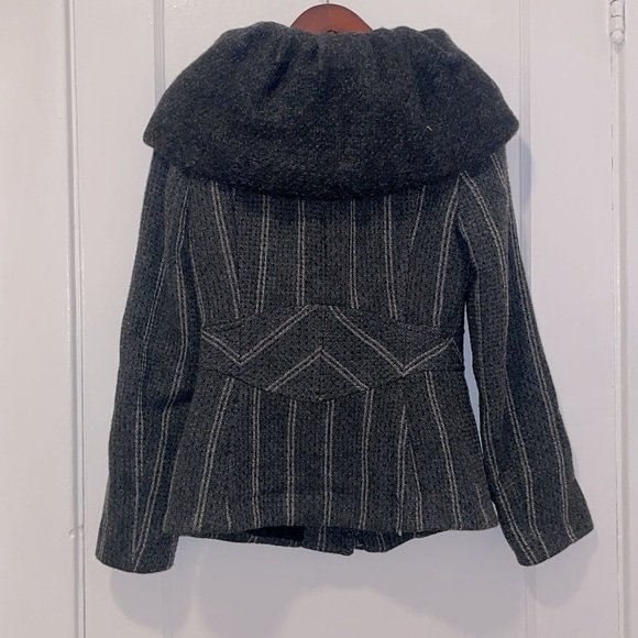 Zara Fitted Full Zip Outerwear Gray Wool Blend Wrap Collar Hood Coat Size Medium - Picture 6 of 9